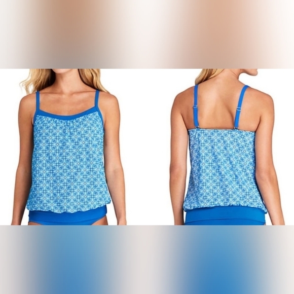 Lands' End Blue And White Blouson Tummy Hiding Tankini Top Sz 4 NWOT - Picture 1 of 11